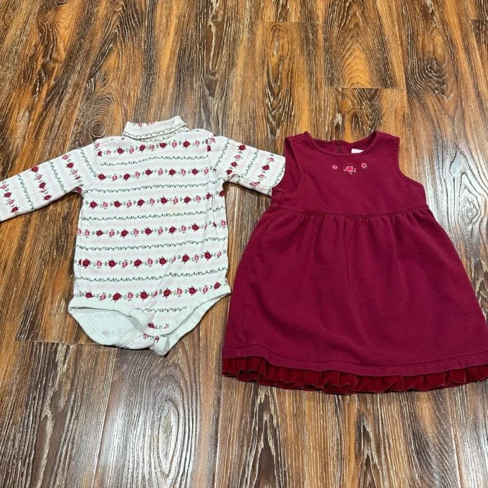 Gymboree Burgundy Girls Dress Size 18/ 24M Vintage Y2K Fashion Baby Floral Shirt